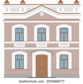 The facade of a historical building from about the 18th-19th century.Ural Federal District. Russia. A low-rise, brick building. Architectural sketch. A variant of the facade reconstruction. svg