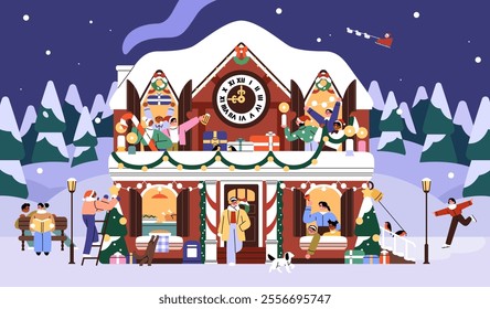 Facade of holiday clock tower with decorations, ornaments. Happy people have fun, celebrate Christmas on frontage of house. Xmas exterior of building on New Year landscape. Flat vector illustration