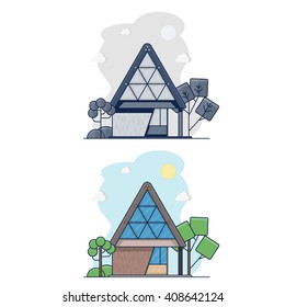 Facade of holiday one-story house with glass roof and a loft. Summer house. Spa house. House for one family. Monochrome vector illustration. Color vector illustration. Advertise property