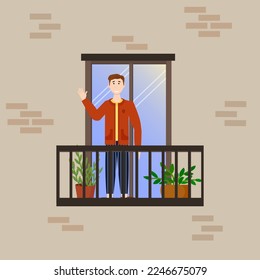 La fachada de una casa con balcón y un joven. El hombre saluda a sus vecinos. Buena vecindad y unidad del pueblo. Ilustración del vector de color aislada en fondo blanco.