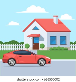 Facade Of The House With A Car. Traditional Cottage In The Suburbs. Vector Illustration In A Flat Style