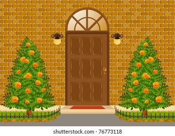 Facade of house with door and flowerbeds. Vector