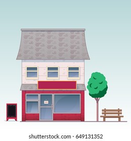 Facade of the house, executed in a cartoon style. Suitable for the design of various establishments. Such as:
shop,coffee shop, flower shop,vegetable store,barber,pharmacy,boutique,toy store.
