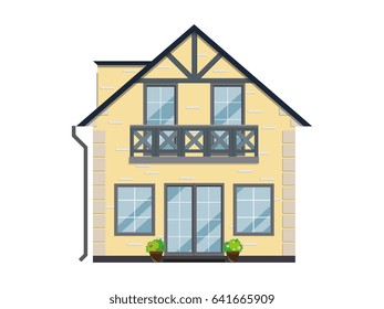 The facade of a house with flowers on a white background. The building has two floors and balcony. Vector illustration.