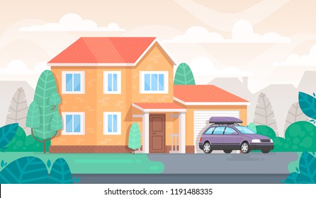 Facade of the house is with a garage and a car. Cottage. Vector illustration in a flat style