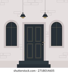 La fachada de la casa tiene una entrada oscura clásica y dos ventanas arqueadas. Luces de calle suspendidas se encuentran por encima de la puerta. Paredes de colores claros con ladrillo decorativo. Ilustración vectorial minimalista de un exterior arquitectónico.