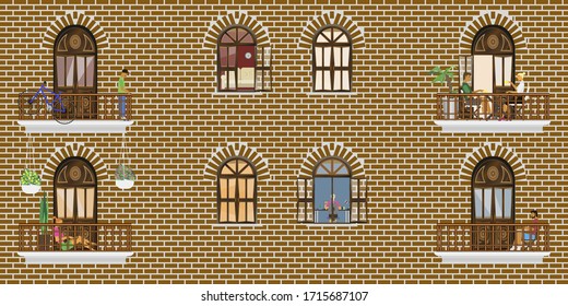 La fachada de la casa está hecha de ladrillo con ventanas y balcones. Con el interior en los apartamentos. Con la gente aislada.
