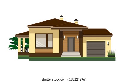 Fachada de la casa. Casa de campo moderna. Concepto inmobiliario, arquitectura. Vista frontal del edificio. Ilustración vectorial plana aislada