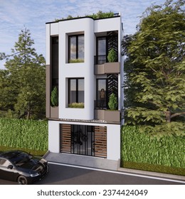 fachada de una casa o de un edificio de varias plantas con un concepto minimalista moderno