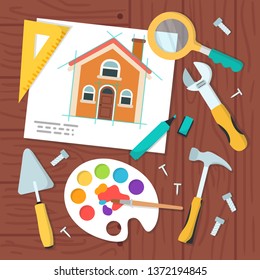facade of the house on paper and a top view of objects, hammer, spatula, felt-tip pen, ruler. Modern flat style vector illustration.