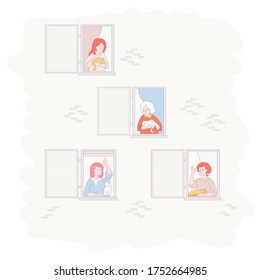 The facade of the house with open windows. Different women neighbors with pets - cats. An elderly woman, a girl, a girl communicate and wave their hands. Friendship, home stay, quarantine concept