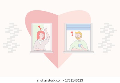 The facade of the house with open windows. In the windows of lovers - a girl waves her hand. A guy with a beard and a mustache in his hand holds a cup. Love and heart, Fun, friendship, staying at home