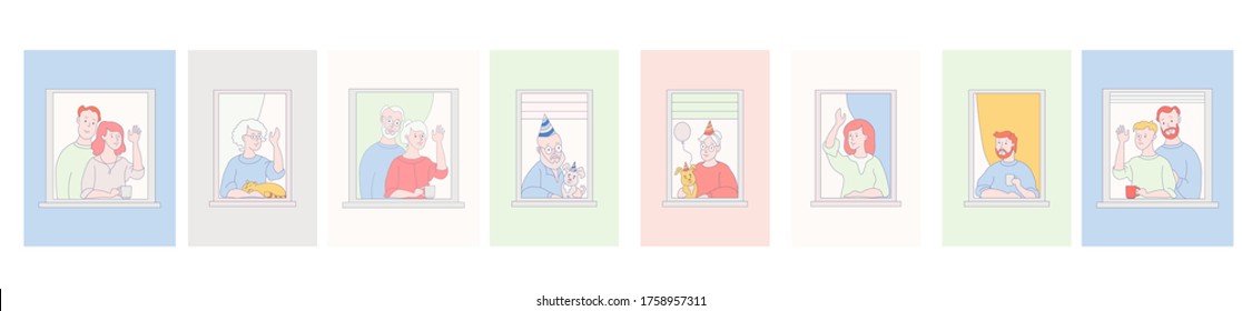 The facade of the house with open windows and neighbors. Holiday. Old man and old woman with dogs with balloons. The friendship of old people and youth. The concept of home living and self-isolation. 