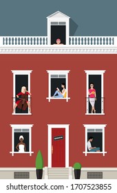 Facade of the house with People looking out of the Windows. Concept of "stay at home", self-Isolation, Quarantine and prevention of coronavirus (COVID-19). Vector Stock flat illustration