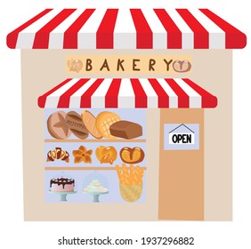 Facade of a house with a shop window, a bakery, with pastries behind glass, with a door and a striped, red and white roof and
  visor. Vector stock illustration.