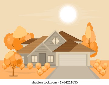 Facade of a house surrounded by autumn trees. Vector illustration