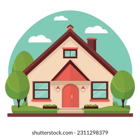  Facade of a house with trees. Simple design.Flat vector.