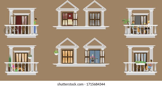The facade of the house with windows and balconies. With the interior in the apartments. With people isolated.