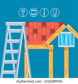 facade house in wooden under construction with set tools vector illustration design