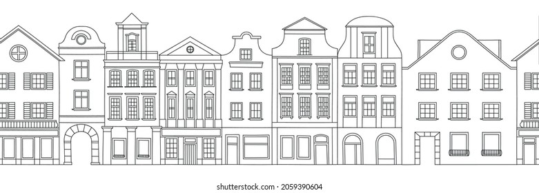 Facade of houses. European street. Netherlands. Architecture sketch. Seamless vector image.