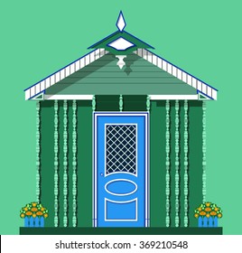 facade of hut on green background
