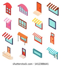 Facade icons set. Isometric set of 16 facade vector icons for web isolated on white background