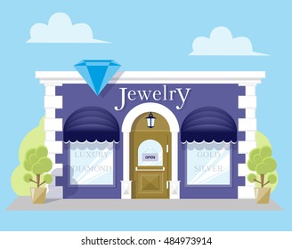 Facade jewerly store with a signboard, awning and silhouettes title in shopwindow. Image in a flat design. Front shop for Concept brochure or banner. Vector illustration isolated on blue background