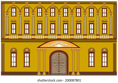 The facade of a large, exhibition building, which could have an important seat of authority. On the ground floor a large hall on the first floor of important offices, offices on the second service