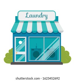 Facade laundry. Signboard with emblem, awning and symbol in windows. Concept front shop for design banner or brochure. Abstract image in flat design. Vector illustration isolated on white background