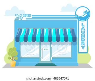 Facade laundry. Signboard with emblem, awning and symbol in windows. Concept front shop for design banner or brochure. Abstract image in a flat design. Vector illustration isolated on white background