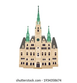 Facade of Liberec Town Hall. Old Czech building with towers and spire. Colored flat vector illustration of ancient European architecture isolated on white background