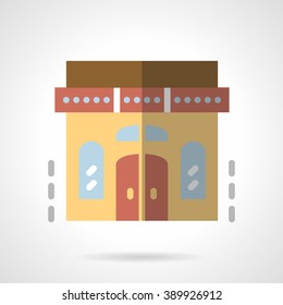 Facade of a library building or a bookstore. Wall with double arched doors and symmetry windows. Storefronts and showcases. Flat color style vector icon. Single design element for website, business.