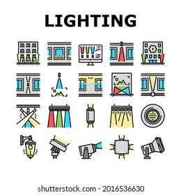 Kollektionssymbole für Leuchtmittel an der Fassade setzen Vektorgrafik. Gebäudefassade elektrische Beleuchtungseinrichtungen, Außenbeleuchtung und Signalleuchten, Spotlight Electric Device Line Piktogramme. Farbtöne