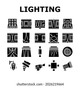 Herramienta de iluminación de fachada Colección Iconos Set Vector. Construcción De Equipo Eléctrico De Encendido De Fachada, Lámpara De Luz Exterior Y Linterna, Aparato Eléctrico De Foco Pictogramas De Glifo Ilustraciones Negras