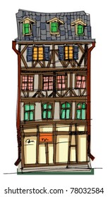 facade of little European old house
