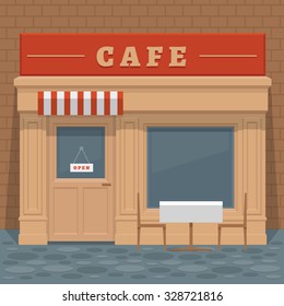 Facade local street cafe with windows, doors and table, front view. Front of house. Vector detailed illustration.