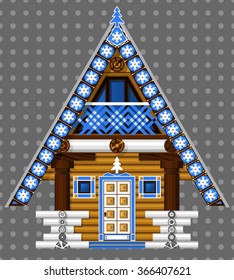 facade of log house on grey background