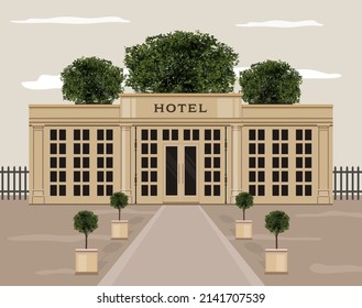 Facade of luxury hotel. The hotel building. Luxurious mansion. 
Luxury house  with nicely landscaped