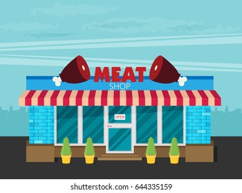 Facade of meat shop flat vector.