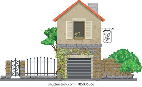 Facade of medieval two-storey house with garage and metal forged fence isolated on white background. Gesthouse rural business. Realistic style, vector illustration