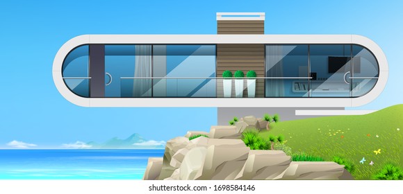 The facade of a modern futuristic house. Modern villa by the sea banner. Concept villas in vector graphics