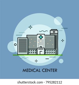 Facade of modern gray building of medical center. Concept of health care institution, hospital, medicine, clinic. Creative vector illustration in thin line style for banner, poster, website.