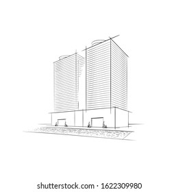 Facade of a modern Luxury apartment building with swimming pool. Real estate logo. Skyscraper Exterior drawn conceptually by lines. Hotel complex, architectural multistorey building vector icon sketch