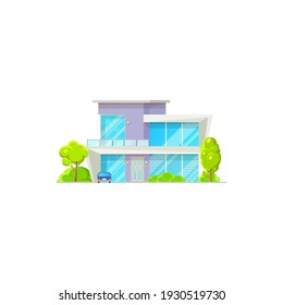 Facade Of Modern Luxury Patio, Garage And Parked Cars,green Trees. Vector Chalet Country House, Contemporary Building Country Style Architecture Isolated Icon. House Exterior With Balcony Veranda,