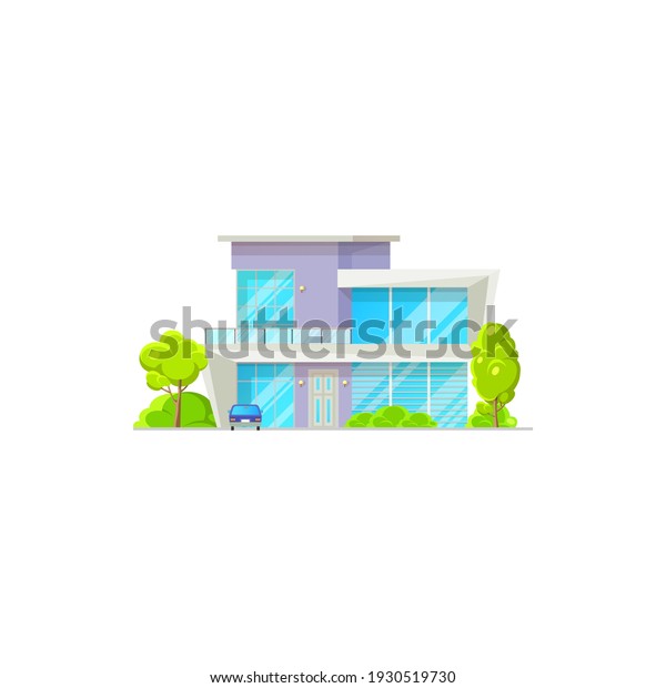 Facade of modern luxury patio, garage and parked\
cars,green trees. Vector chalet country house, contemporary\
building country style architecture isolated icon. House exterior\
with balcony veranda,