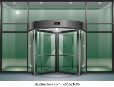The facade of a modern shopping center or station, an airport with revolving doors. Vector graphics