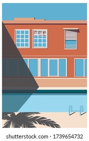 Facade of motel with swimming pool . Vector eps 10 illustration