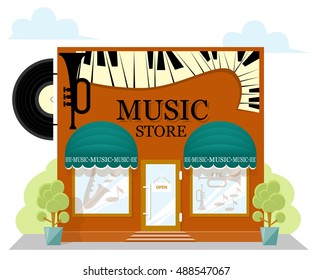 Facade Music Store With A Signboard, Awning And Products In Shopwindow. Image In A Flat Design. Concept Front Shop For Design Brochure Or Banner. Vector Illustration Isolated On White Background