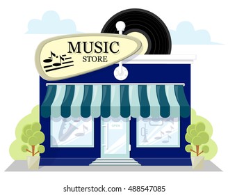 Facade Music Store With A Signboard, Awning And Products In Shopwindow. Image In A Flat Design. Concept Front Shop For Design Brochure Or Banner. Vector Illustration Isolated On White Background