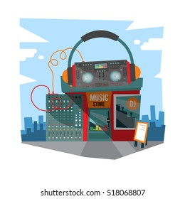 Facade music store with a signboard. Image in a flat design. Vector illustration.